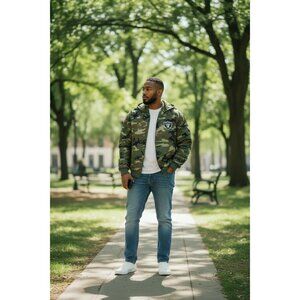 NFL Vtg 1990's Men Camo Raiders Football  Hooded Puffer Jacket Green/Blk XXLarge